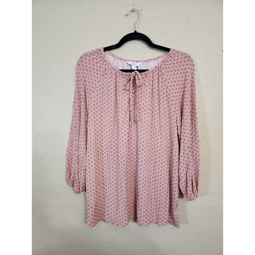 Croft & Barrow Womens XL Coral Pink Geometric Floral Blouse Tie Neck 3/4 Sleeve